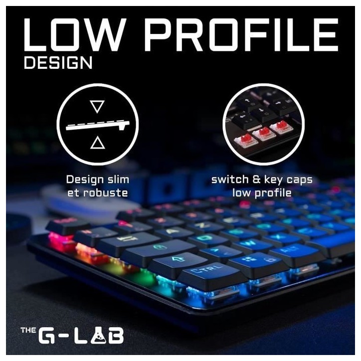 Clavier Gamer - The G-Lab - KEYZ PLATINIUM - Mécanique (Switch Rouge) - Ultra Low Profile - RGB - Filaire - Azerty - Noir Clavier Gamer - The G-Lab - KEYZ PLATINIUM - Mécanique (Switch Rouge) - Ultra Low Profile - RGB - Filaire - Azerty - Noir