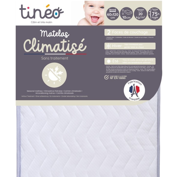 Matelas Climatisé TINEO 60x120x10cm - Matelas Bébé - Climatisé - 1 Face Été - 1 Face Hiver - Sans Traitement - Fabriqué E Matelas Climatisé TINEO 60x120x10cm - Matelas Bébé - Climatisé - 1 Face Été - 1 Face Hiver - Sans Traitement - Fabriqué E