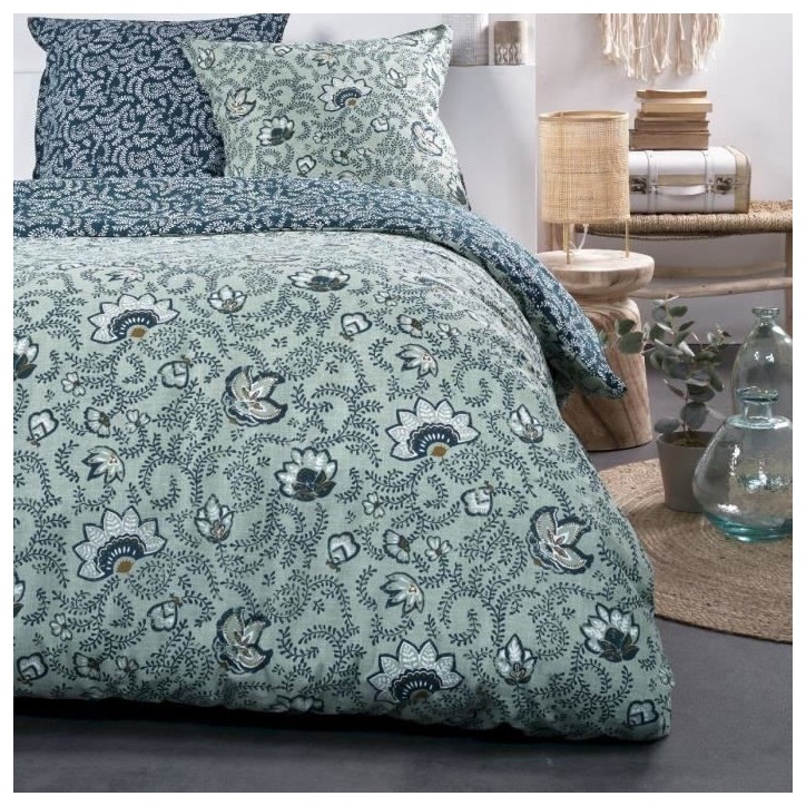 Parure de lit - TODAY - Sunshine - Bleu - 2 personnes - 220x240 cm - Coton naturel - Autres motifs