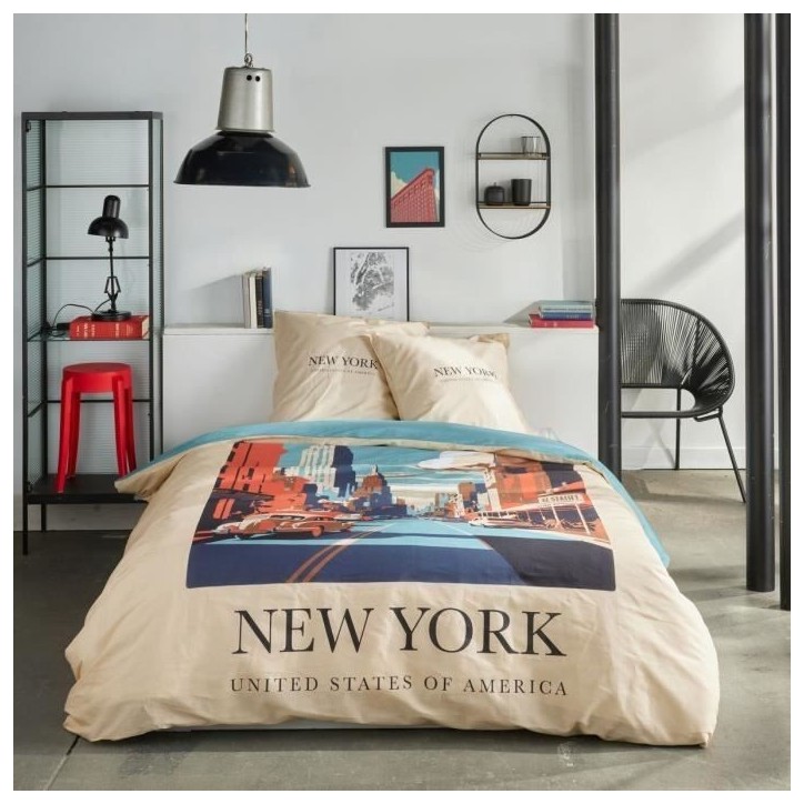Parure de lit - TODAY - JAVA - 2 personnes - 240x220 cm - Coton - Imprimé New York - Beige