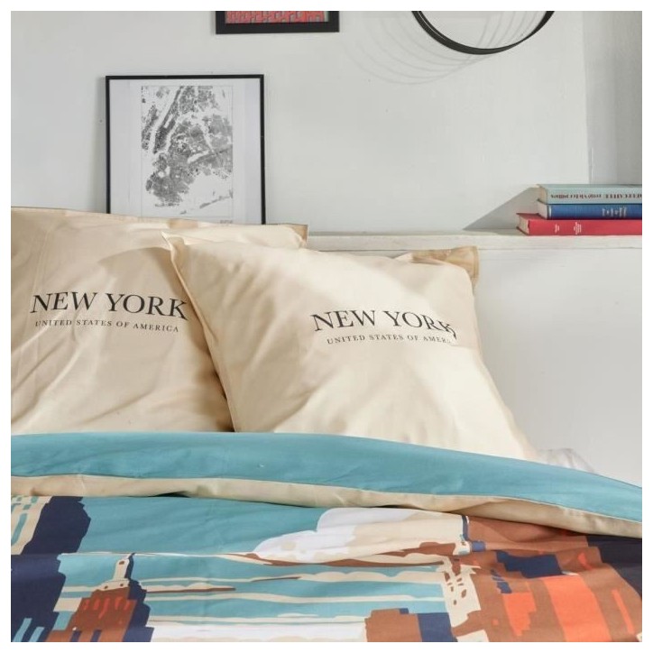 Parure de lit - TODAY - JAVA - 2 personnes - 240x220 cm - Coton - Imprimé New York - Beige