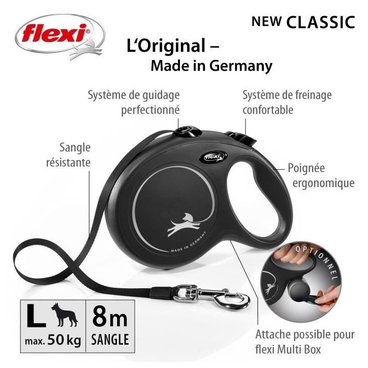 Laisse New Classic L Tape 8 m black Flexi CL30T8-251-S-20