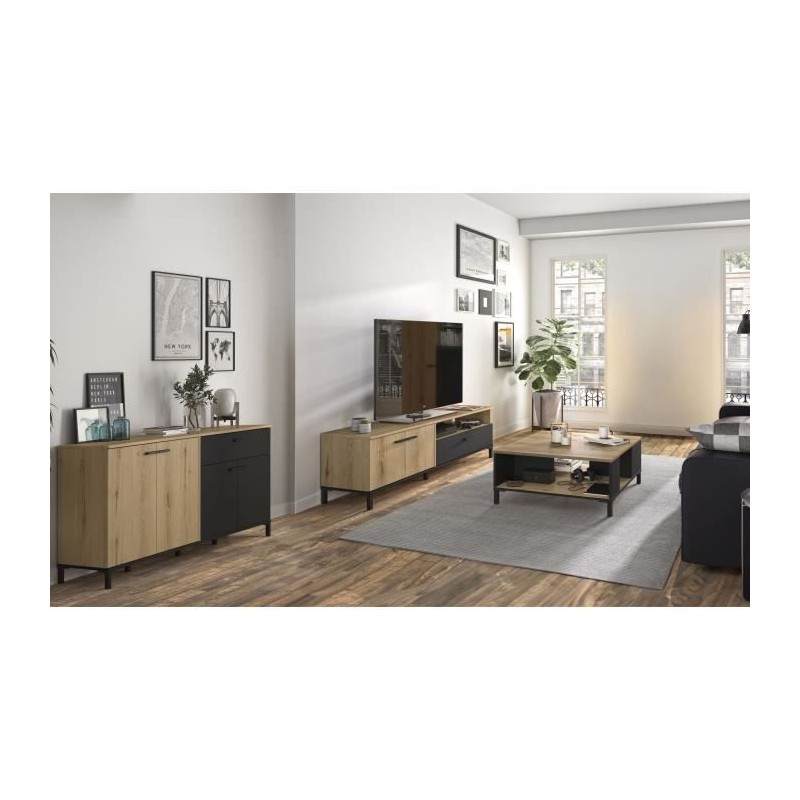 Ensemble meuble TV, table basse et buffet bas - TRUST - Chene / Noir -