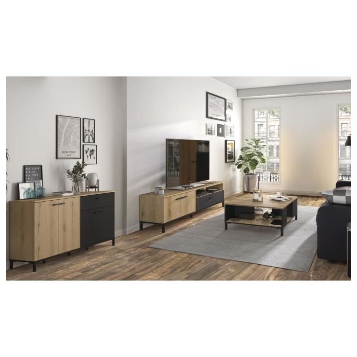 Ensemble meuble TV, table basse et buffet bas - TRUST - Chene / Noir - GAMI Ensemble meuble TV, table basse et buffet bas - TRUST - Chene / Noir - GAMI