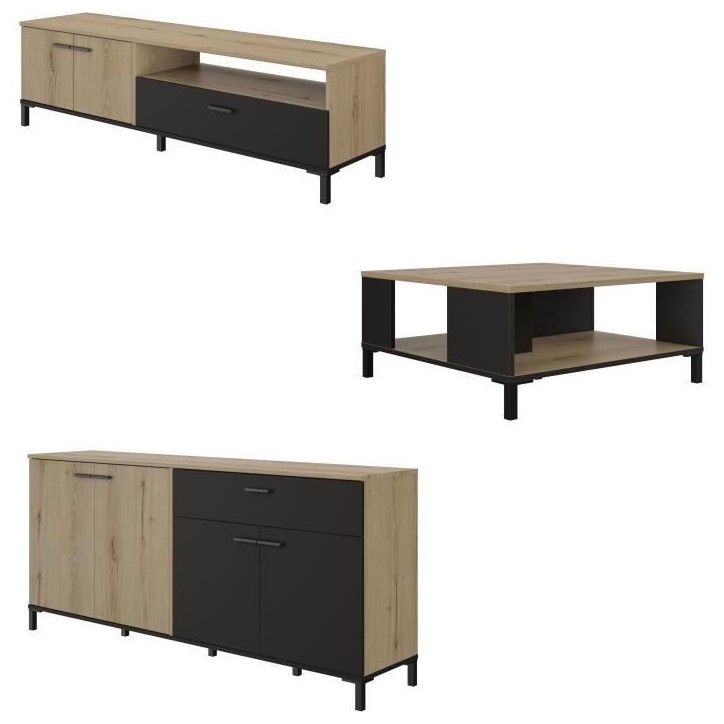 Ensemble meuble TV, table basse et buffet bas - TRUST - Chene / Noir - GAMI Ensemble meuble TV, table basse et buffet bas - TRUST - Chene / Noir - GAMI