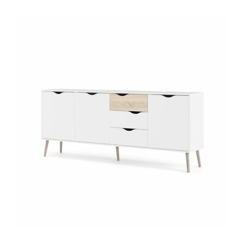 Buffet - Blanc / Chene - 3 portes / 3 tiroirs - Pietement évasé en b