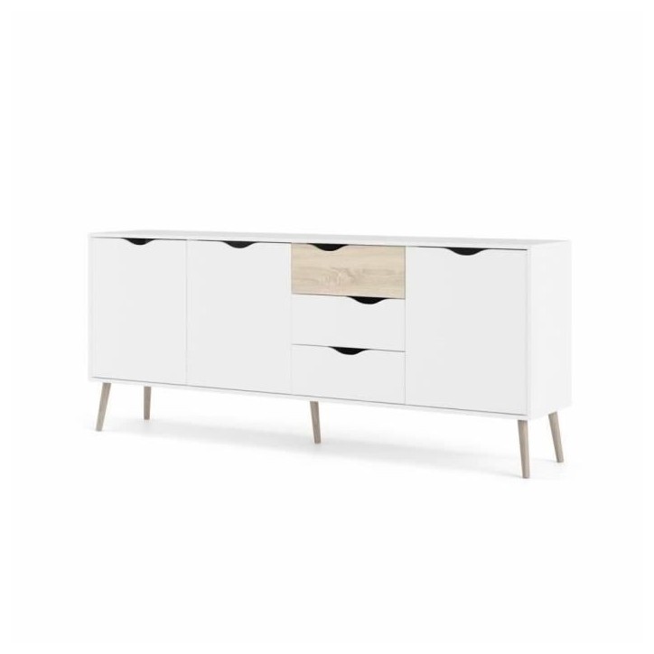 Buffet - Blanc / Chene - 3 portes / 3 tiroirs - Pietement évasé en bois massif - 195,7 x 39,1 x 81,7 cm Buffet - Blanc / Chene - 3 portes / 3 tiroirs - Pietement évasé en bois massif - 195,7 x 39,1 x 81,7 cm