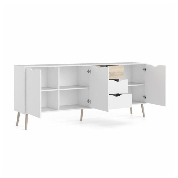 Buffet - Blanc / Chene - 3 portes / 3 tiroirs - Pietement évasé en bois massif - 195,7 x 39,1 x 81,7 cm Buffet - Blanc / Chene - 3 portes / 3 tiroirs - Pietement évasé en bois massif - 195,7 x 39,1 x 81,7 cm