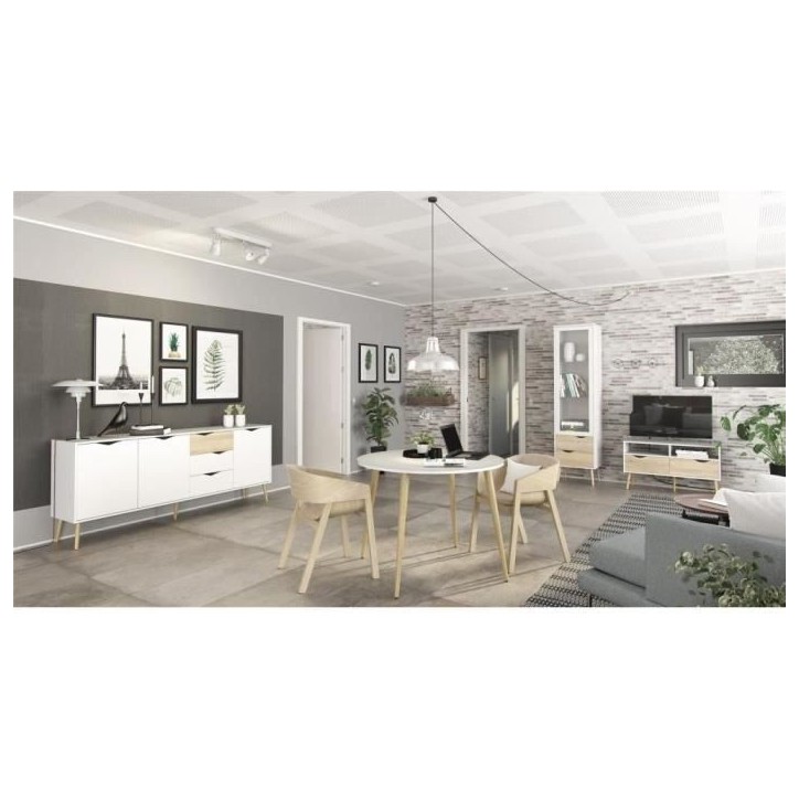 Buffet - Blanc / Chene - 3 portes / 3 tiroirs - Pietement évasé en bois massif - 195,7 x 39,1 x 81,7 cm Buffet - Blanc / Chene - 3 portes / 3 tiroirs - Pietement évasé en bois massif - 195,7 x 39,1 x 81,7 cm
