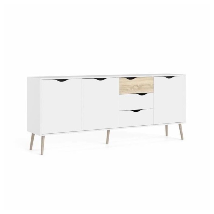 Buffet - Blanc / Chene - 3 portes / 3 tiroirs - Pietement évasé en bois massif - 195,7 x 39,1 x 81,7 cm Buffet - Blanc / Chene - 3 portes / 3 tiroirs - Pietement évasé en bois massif - 195,7 x 39,1 x 81,7 cm