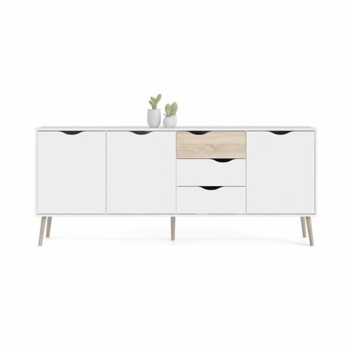 Buffet - Blanc / Chene - 3 portes / 3 tiroirs - Pietement évasé en bois massif - 195,7 x 39,1 x 81,7 cm Buffet - Blanc / Chene - 3 portes / 3 tiroirs - Pietement évasé en bois massif - 195,7 x 39,1 x 81,7 cm