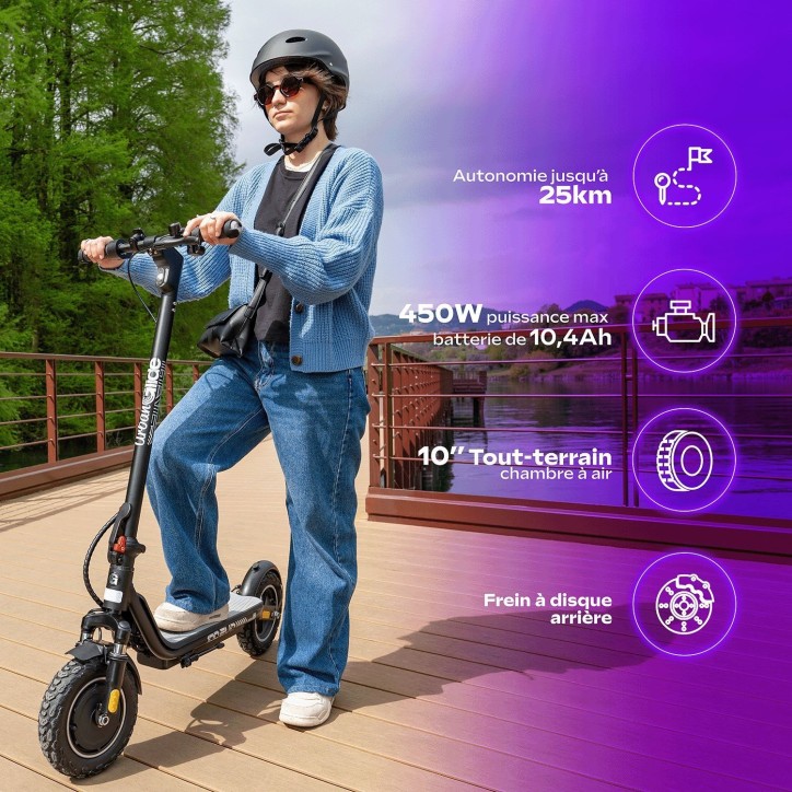 Trottinette électrique - URBANGLIDE - 100 EVO - 450 W - Pneus 10 - Max 25 km/h - Autonomie jusqu'a 25 km Trottinette électrique - URBANGLIDE - 100 EVO - 450 W - Pneus 10 - Max 25 km/h - Autonomie jusqu'a 25 km