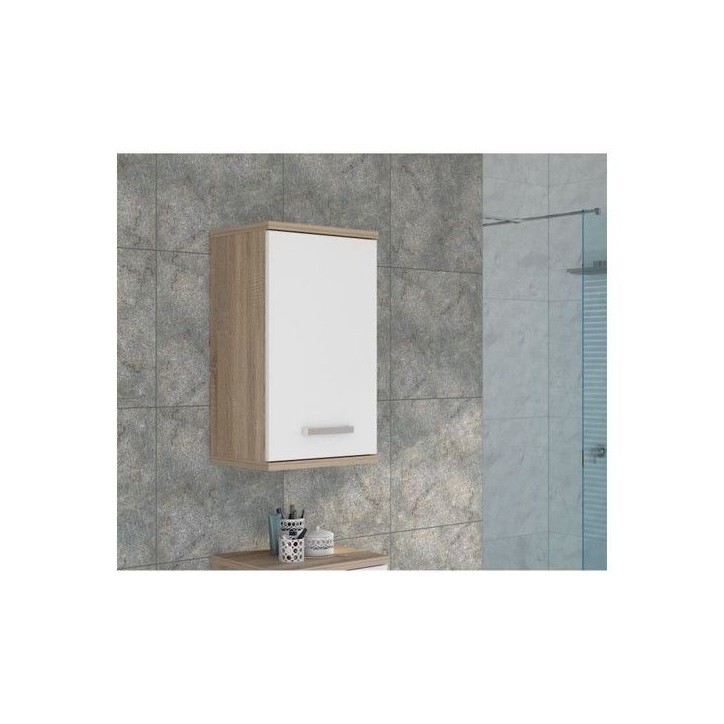 Armoire a suspendre - Blanc / Chene Sonoma - 1 porte - Meuble de salle de bain - 68,8 x 29 x 40,2 cm