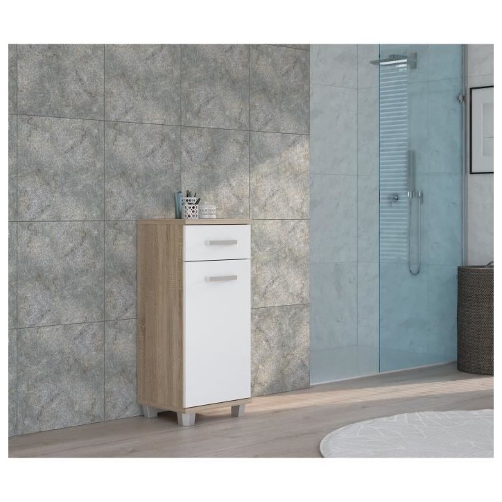 VERIS - Meuble bas de salle de bain - 90,8 x 34,8 x 40,2 cm - Blanc / Chene Sonoma - FORTE VERIS - Meuble bas de salle de bain - 90,8 x 34,8 x 40,2 cm - Blanc / Chene Sonoma - FORTE