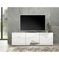 Meuble TV - Blanc laqué brillant avec sérigraphie miroir - L181 x P4