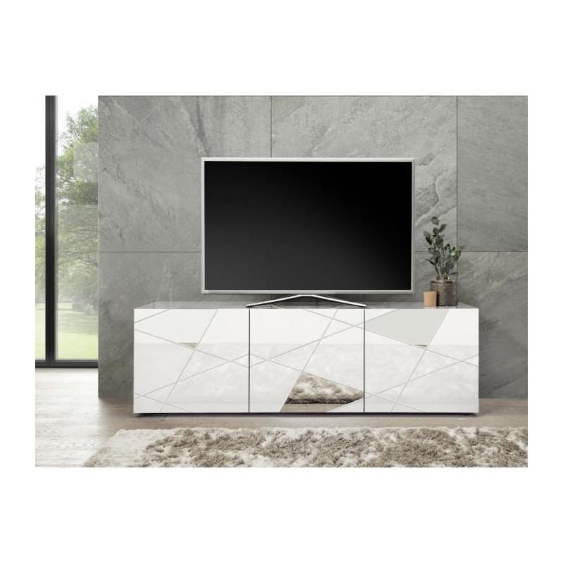 Meuble TV - Blanc laqué brillant avec sérigraphie miroir - L181 x P4