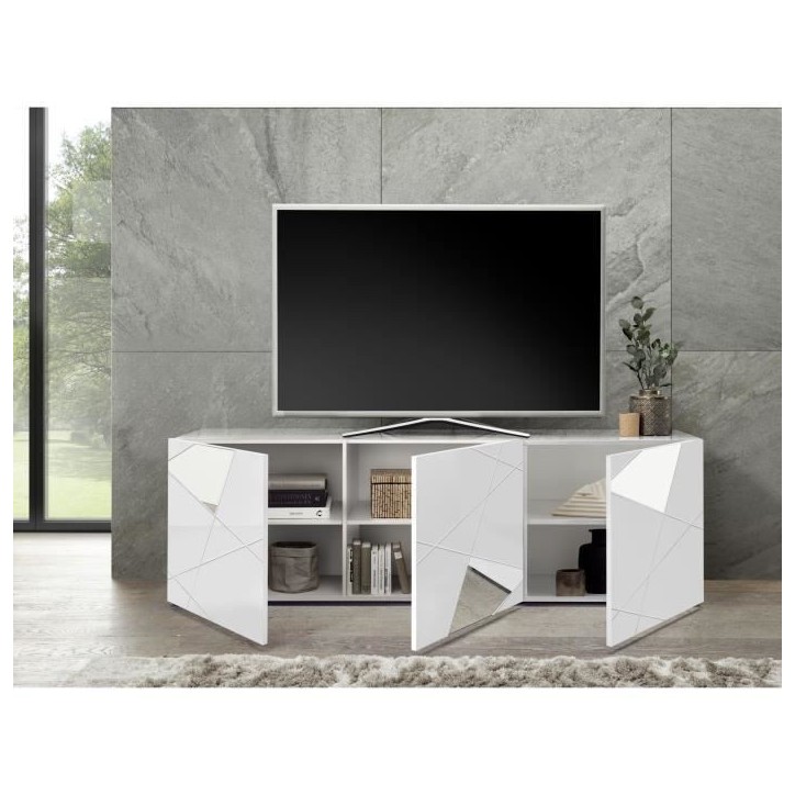Meuble TV - Blanc laqué brillant avec sérigraphie miroir - L181 x P43 x H57 cm - VICTORY Meuble TV - Blanc laqué brillant avec sérigraphie miroir - L181 x P43 x H57 cm - VICTORY