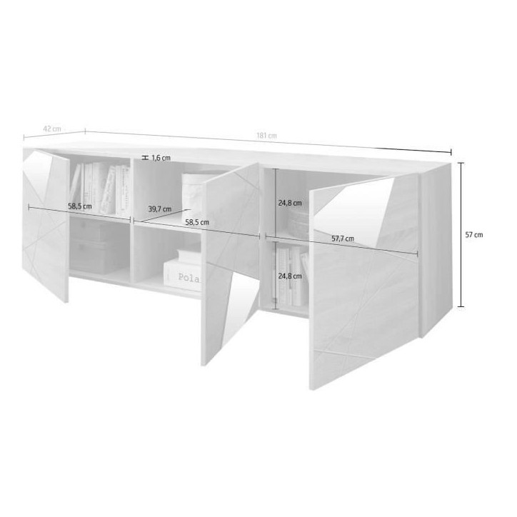 Meuble TV - Blanc laqué brillant avec sérigraphie miroir - L181 x P43 x H57 cm - VICTORY Meuble TV - Blanc laqué brillant avec sérigraphie miroir - L181 x P43 x H57 cm - VICTORY