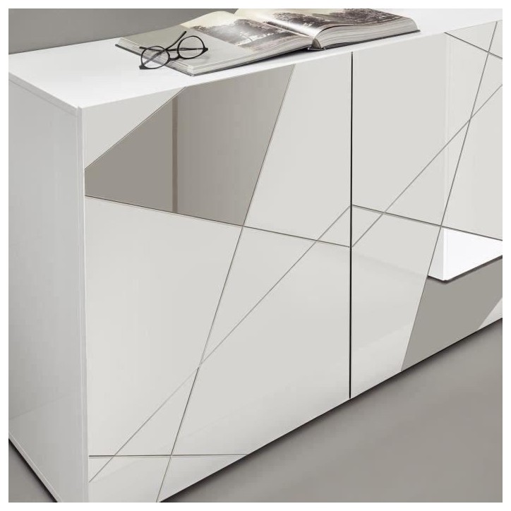 Meuble TV - Blanc laqué brillant avec sérigraphie miroir - L181 x P43 x H57 cm - VICTORY Meuble TV - Blanc laqué brillant avec sérigraphie miroir - L181 x P43 x H57 cm - VICTORY
