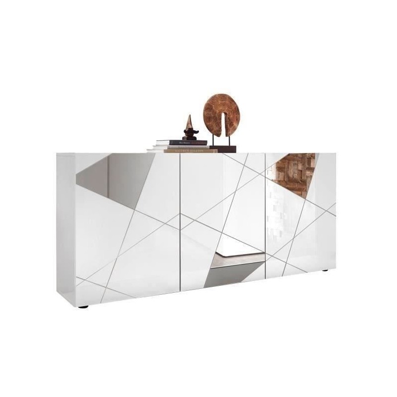 Buffet VICTORY 3 Portes Blanc Laqué brillant avec serigraphie miroir