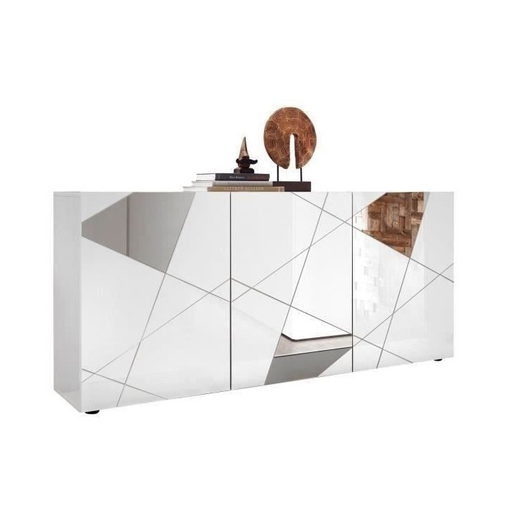 Buffet VICTORY 3 Portes Blanc Laqué brillant avec serigraphie miroir L181 Cm Buffet VICTORY 3 Portes Blanc Laqué brillant avec serigraphie miroir L181 Cm