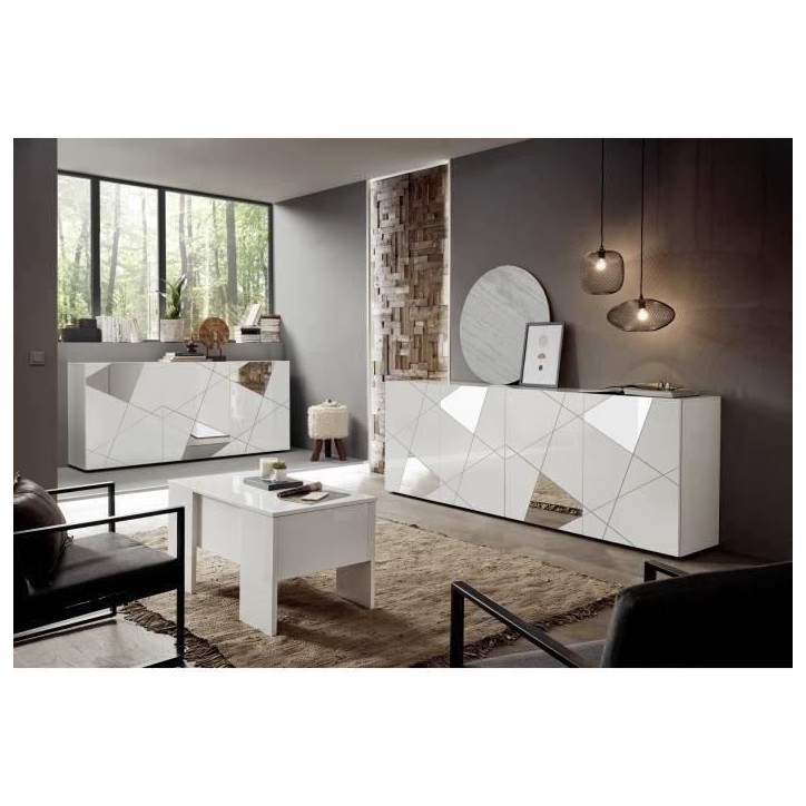 Buffet VICTORY 3 Portes Blanc Laqué brillant avec serigraphie miroir L181 Cm Buffet VICTORY 3 Portes Blanc Laqué brillant avec serigraphie miroir L181 Cm