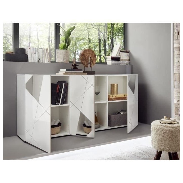 Buffet VICTORY 3 Portes Blanc Laqué brillant avec serigraphie miroir L181 Cm Buffet VICTORY 3 Portes Blanc Laqué brillant avec serigraphie miroir L181 Cm