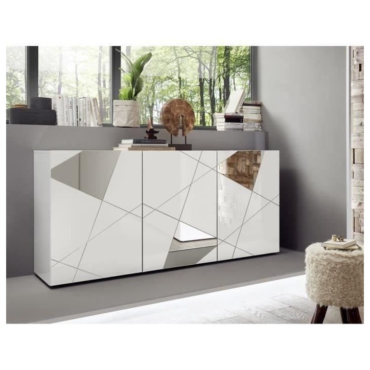 Buffet VICTORY 3 Portes Blanc Laqué brillant avec serigraphie miroir L181 Cm Buffet VICTORY 3 Portes Blanc Laqué brillant avec serigraphie miroir L181 Cm