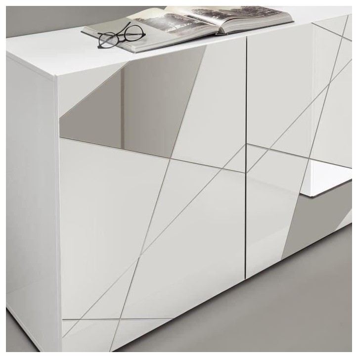 Buffet VICTORY 3 Portes Blanc Laqué brillant avec serigraphie miroir L181 Cm Buffet VICTORY 3 Portes Blanc Laqué brillant avec serigraphie miroir L181 Cm