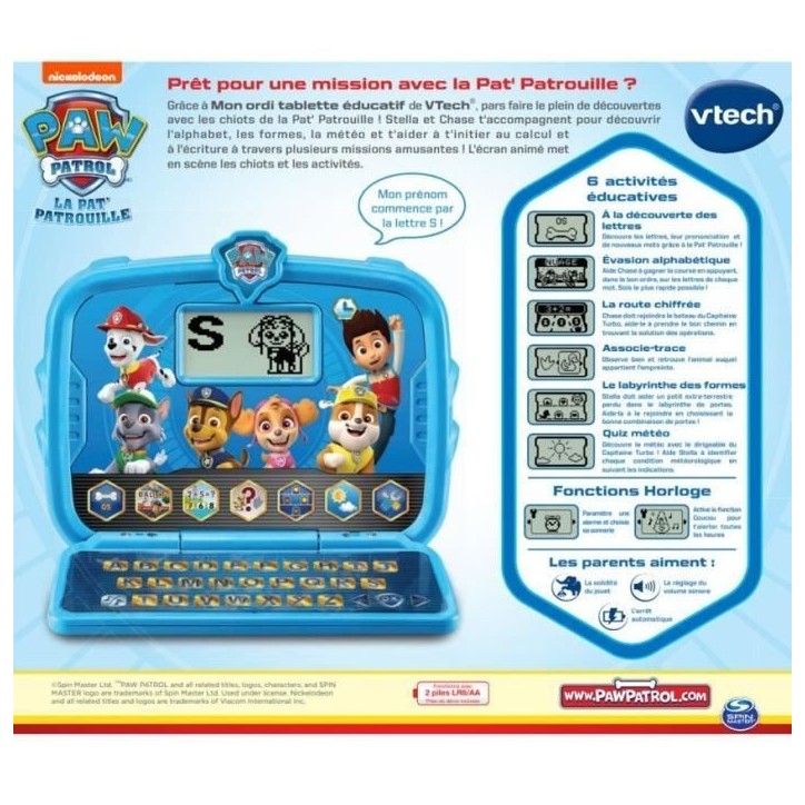 Ordinateur Tablette Éducatif VTECH - Pat Patrouille - Convient aux Enfants de 3 Ans et Plus - Bleu
