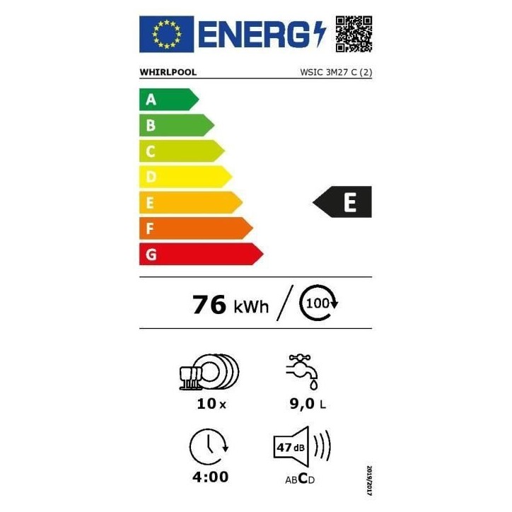 Lave-vaisselle tout encastrable WHIRLPOOL WSIC3M27C - 10 couverts - Induction - L45cm - 47dB