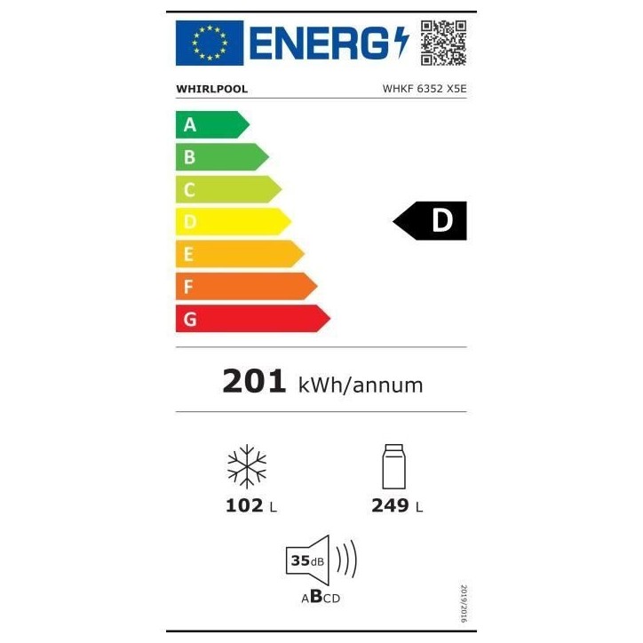 Réfrigérateur combiné - Whirlpool - WHKF6352X5E - Classe C - 351 L (249L + 102L) - 35 dB - Dual No Frost - Gris Inox