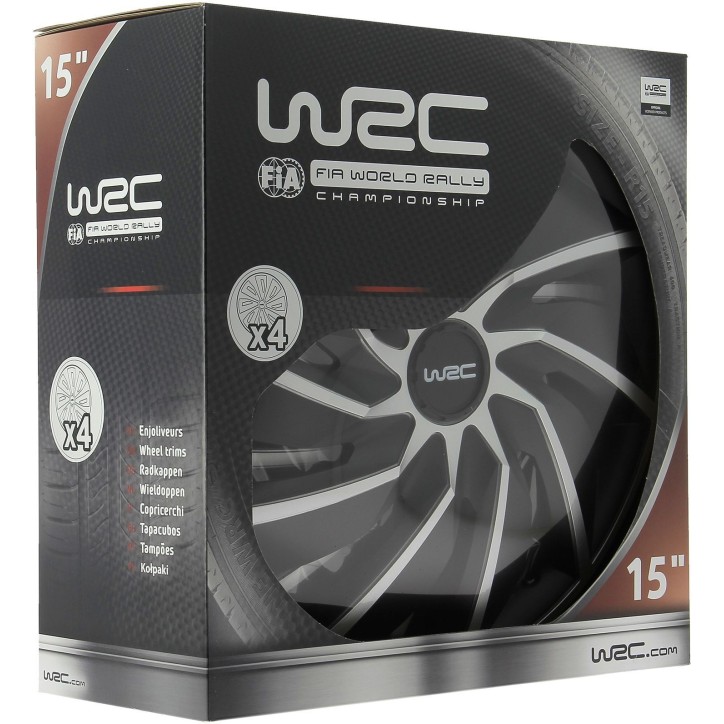 Lot de 4 enjoliveurs Bi-couleur gris & noir 15 pouces - WRC - TURBO - Look racing - Fixation simple et rapide par clips