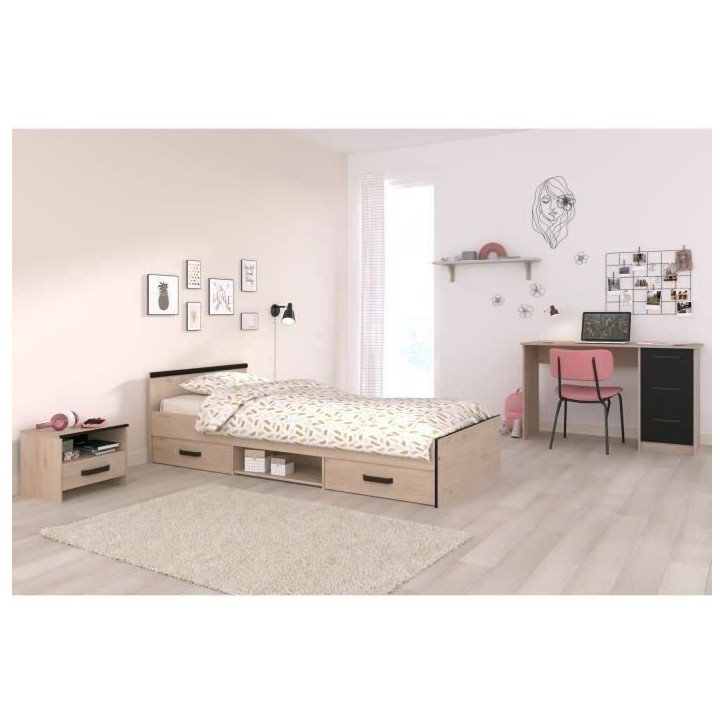 Chambre complete enfant 3 pieces ZODIAC - Lit + chevet + bureau - Décor chene/noir - PARISOT