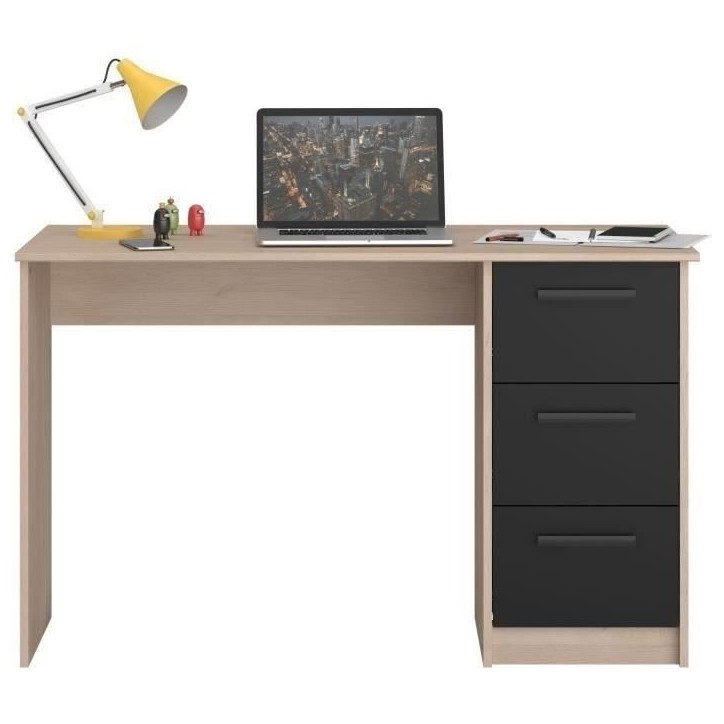 Chambre complete enfant 3 pieces ZODIAC - Lit + chevet + bureau - Décor chene/noir - PARISOT