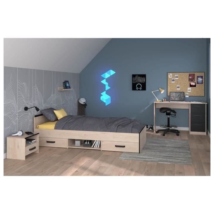 Chambre complete enfant 3 pieces ZODIAC - Lit + chevet + bureau - Décor chene/noir - PARISOT