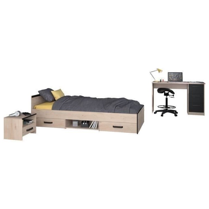 Chambre complete enfant 3 pieces ZODIAC - Lit + chevet + bureau - Décor chene/noir - PARISOT