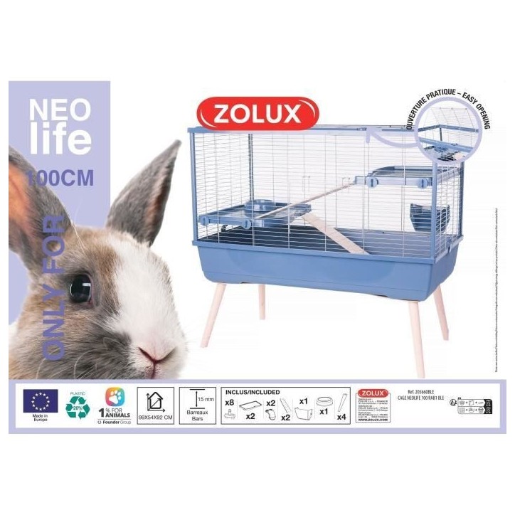 ZOLUX Cage grillagée lapin et rongeur sur pieds 2 étages - L. 99 x l. 54 x H. 92 cm - NeoLife - Zolux Bleu ZOLUX Cage grillagée lapin et rongeur sur pieds 2 étages - L. 99 x l. 54 x H. 92 cm - NeoLife - Zolux Bleu
