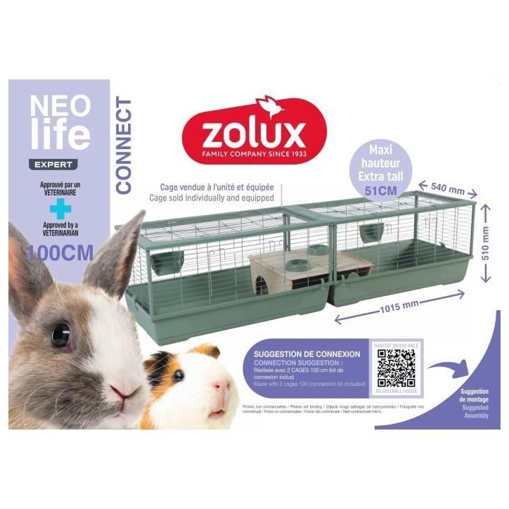 ZOLUX Cage grillagée lapin et rongeur 1 étage 101.5 x 54 x 51 cm - Néolife Connect -Vert