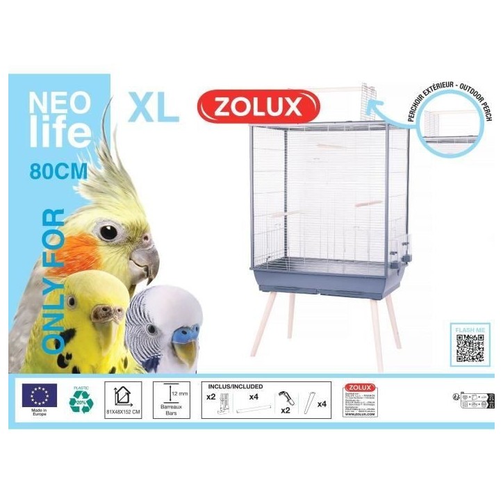 ZOLUX Cage grillagée surélevée pour oiseau - Pour perruche, calopsitte, canari - 81 x 48 x 152 cm - Néolife - Gris ZOLUX Cage grillagée surélevée pour oiseau - Pour perruche, calopsitte, canari - 81 x 48 x 152 cm - Néolife - Gris