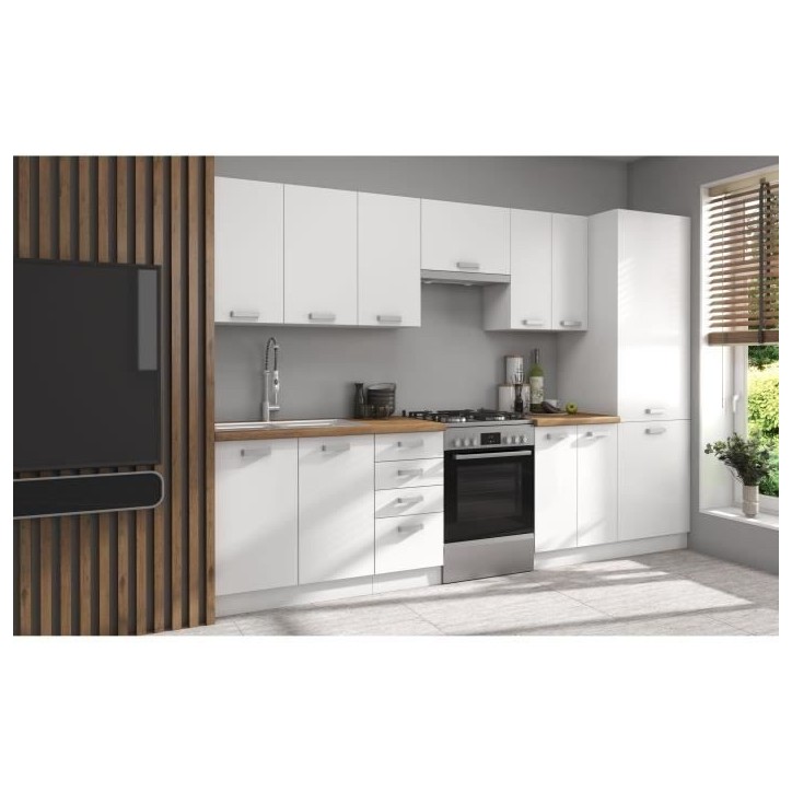 ATLAS Cuisine complete 8 éléments - Décor blanc - L300 x H52 x H82 cm - Plan de travail non inclus