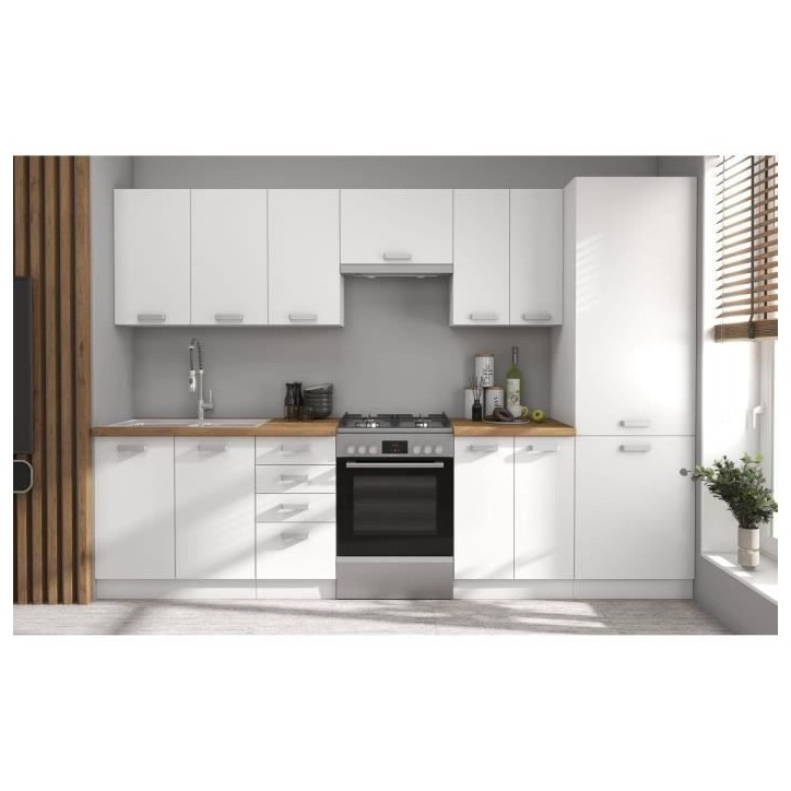 ATLAS Cuisine complete 8 éléments - Décor blanc - L300 x H52 x H82 cm - Plan de travail non inclus