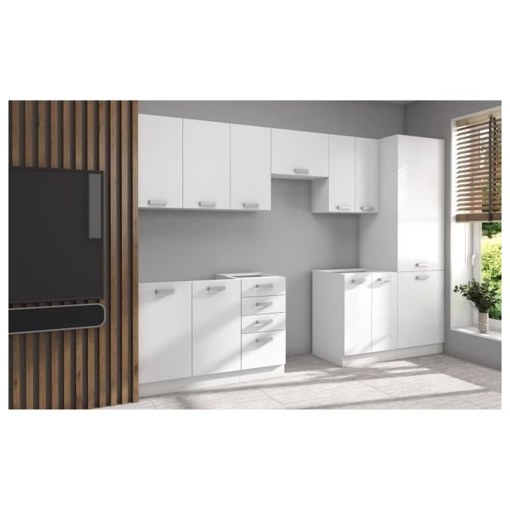 ATLAS Cuisine complete 8 éléments - Décor blanc - L300 x H52 x H82 cm - Plan de travail non inclus