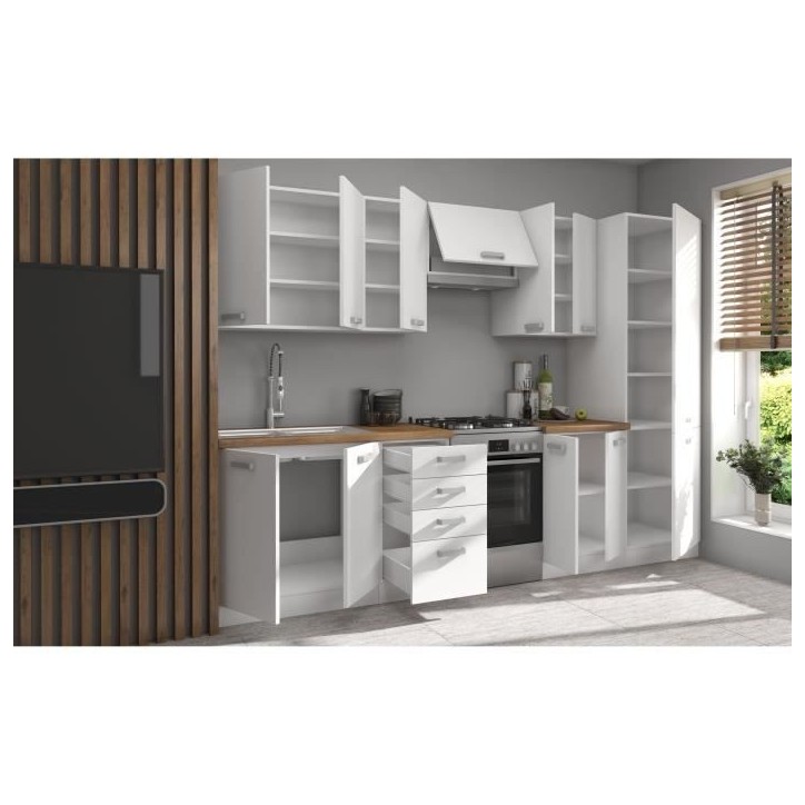 ATLAS Cuisine complete 8 éléments - Décor blanc - L300 x H52 x H82 cm - Plan de travail non inclus