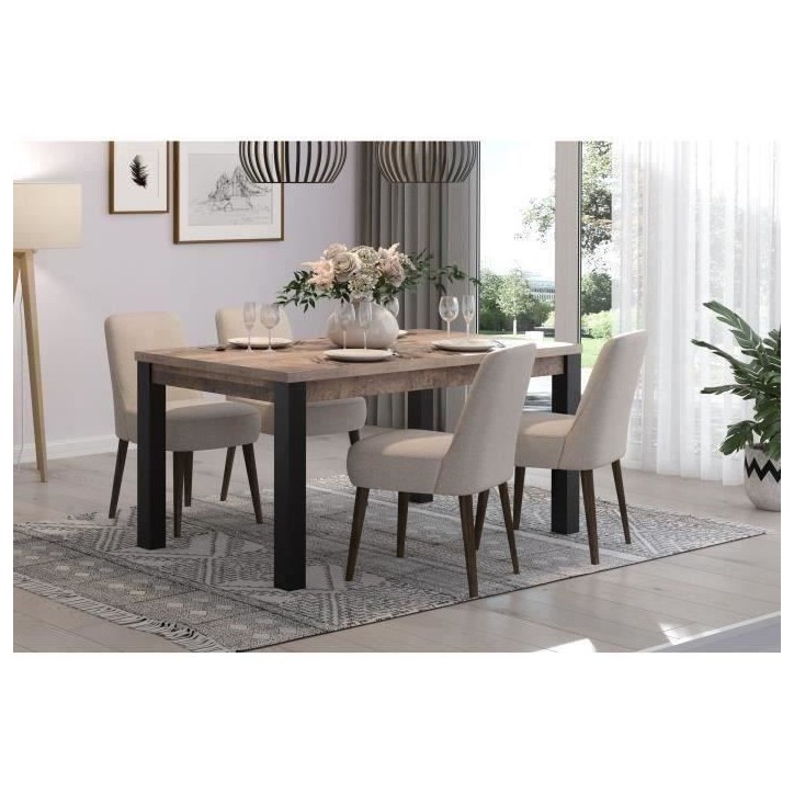 Table a manger fixe EMILE 6 personnes - Mélamine chene brun tabac et noir mat - L160 x P90 x H77 cm - TRENDTEAM Table a manger fixe EMILE 6 personnes - Mélamine chene brun tabac et noir mat - L160 x P90 x H77 cm - TRENDTEAM