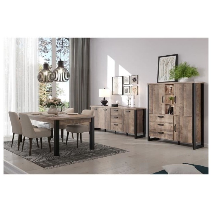 Table a manger fixe EMILE 6 personnes - Mélamine chene brun tabac et noir mat - L160 x P90 x H77 cm - TRENDTEAM Table a manger fixe EMILE 6 personnes - Mélamine chene brun tabac et noir mat - L160 x P90 x H77 cm - TRENDTEAM