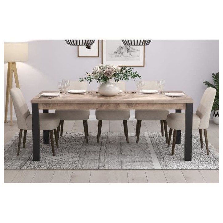 Table a manger EMILE 10 personnes - Mélamine chene brun tabac et noir mat - L200 x P100 x H77 cm - TRENDTEAM
