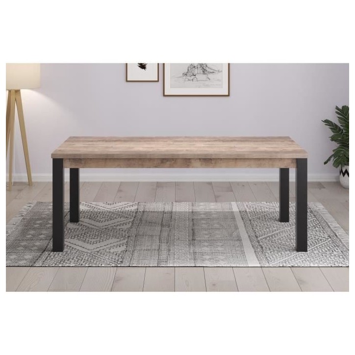 Table a manger EMILE 10 personnes - Mélamine chene brun tabac et noir mat - L200 x P100 x H77 cm - TRENDTEAM