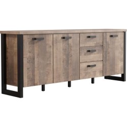 Buffet EMILE - Mélamine chene brun tabac et noir mat - 3 Portes + 3 T