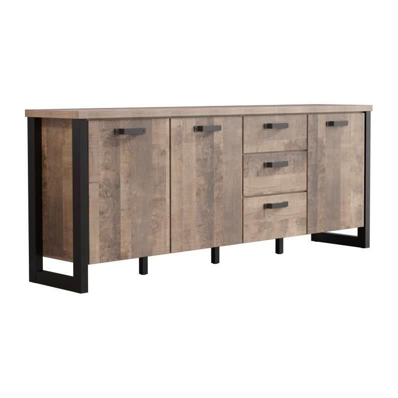 Buffet EMILE - Mélamine chene brun tabac et noir mat - 3 Portes + 3 T Buffet EMILE - Mélamine chene brun tabac et noir mat - 3 Portes + 3 T